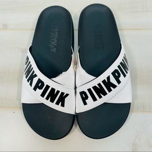 NWT VS Pink White Criss Cross Strap Slides L Logo